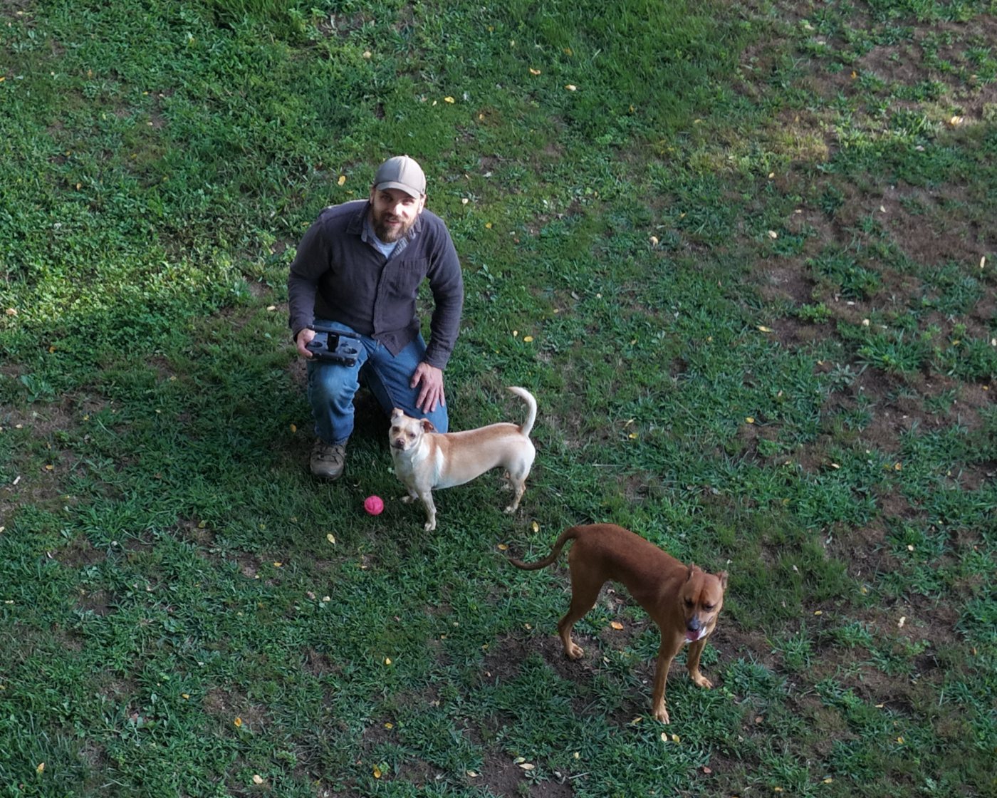 Overhead view of the pilot kneeling with the controller, both dogs alongside
