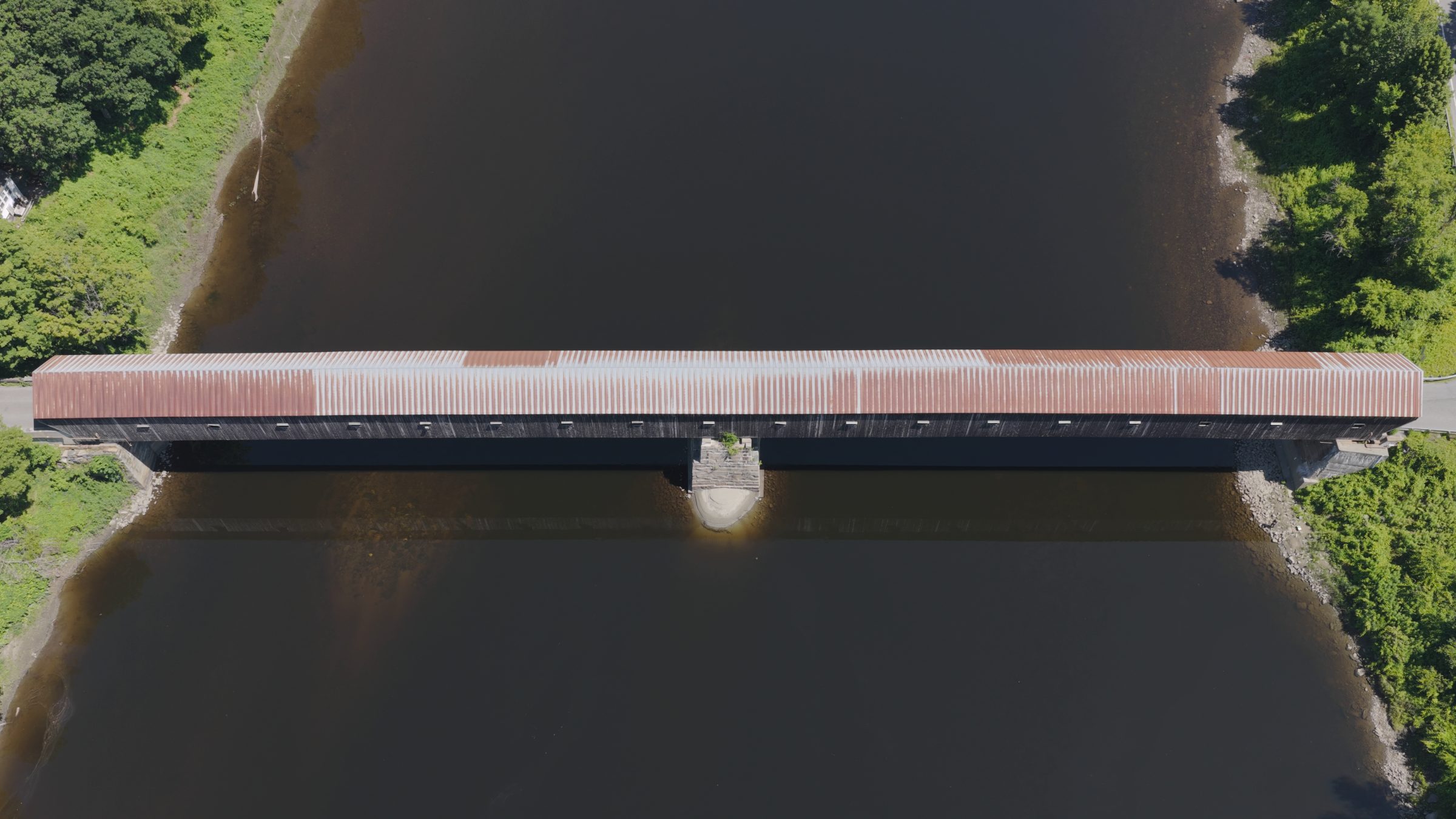 Windsor covered bridge seen straight down from above the Connecticut River