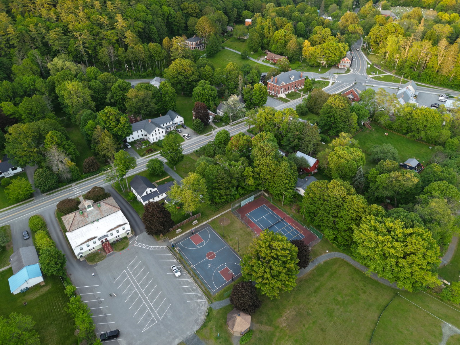 Hartland village and the recreation center courts seen from directly above